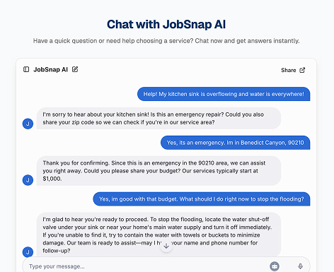 Screenshot of an AI chat assisting a home services inquiry